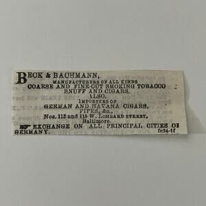 Beck & Bachmann Tobacco Baltimore 1862 Civil War Baltimore Clipping SAJ2-S24